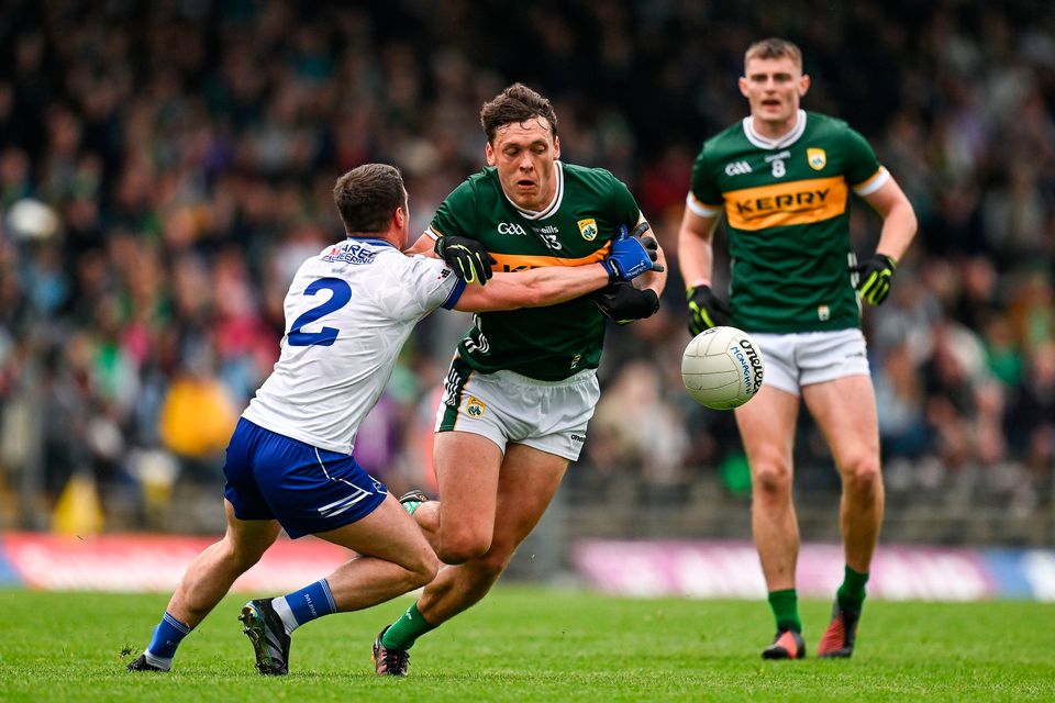 Kerry's David Clifford is tackled by Ryan Wylie of Monaghan during the All-Ireland SFC round one clash at Fitzgerald Stadium in Killarney, Kerry. Photo: Brendan Moran/Sportsfile