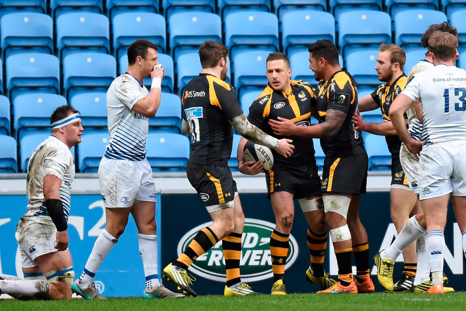Wasps’ out-half Jimmy Gopperth is congratulated after scoring one of his side’s seven tries against Leinster at the Ricoh Arena last January. Photo: Stephen McCarthy / Sportsfile