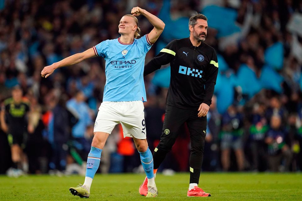 Manchester City's Erling Haaland and Scott Carson celebrate. Photo: Nick Potts/PA