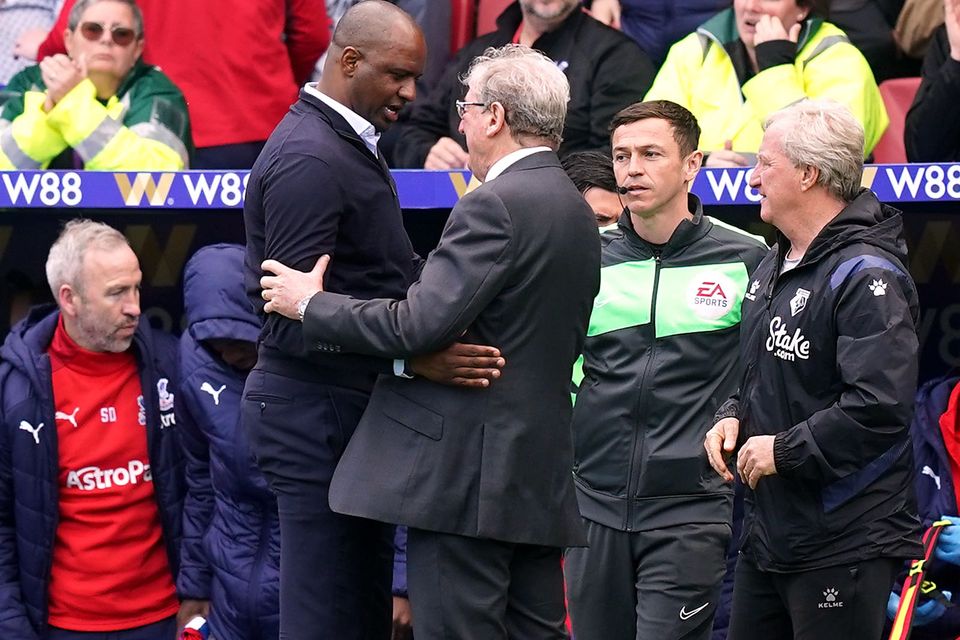 Roy Hodgson, right, believes Patrick Vieira has the potential to become a “top manager” (Yui Mok/PA)