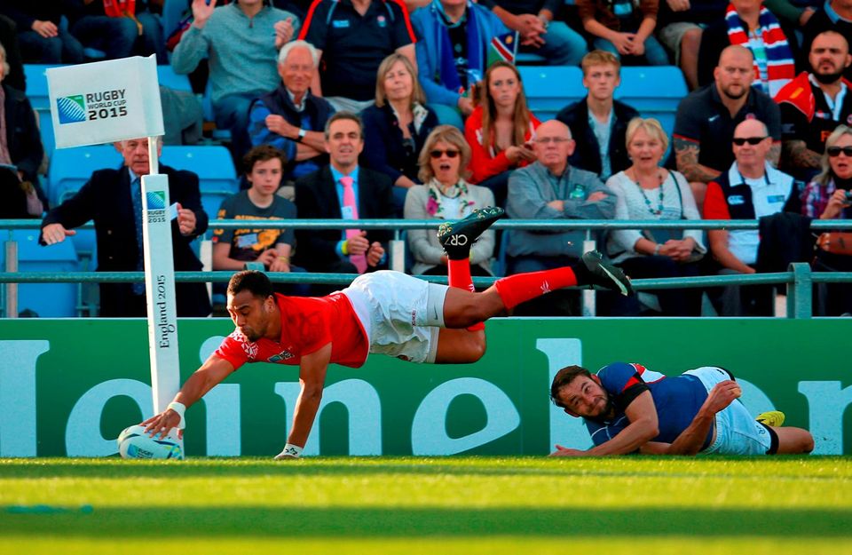 Tonga's Telusa Veainu dives for the line but the try is not given during the Rugby World Cup match at Sandy Park, Exeter. PRESS ASSOCIATION Photo. Picture date: Tuesday September 29, 2015. See PA story RUGBYU Tonga. Photo credit should read: David Davies/PA Wire. RESTRICTIONS: Editorial use only. Strictly no commercial use or association without RWCL permission. Still image use only. Use implies acceptance of Section 6 of RWC 2015 T&Cs at: http://bit.ly/1MPElTL Call +44 (0)1158 447447 for further info.