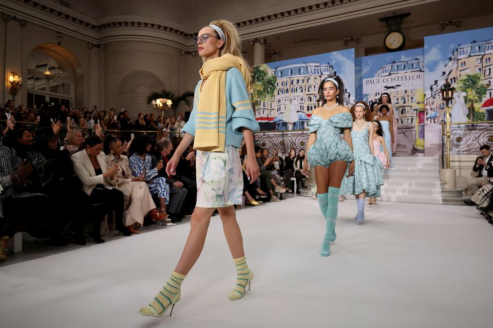 Models on the catwalk during the Paul Costelloe show in the Palm Court at the Waldorf hotel, central London, during London Fashion Week on Friday September 13, 2024. Photo: James Manning/PA Wire