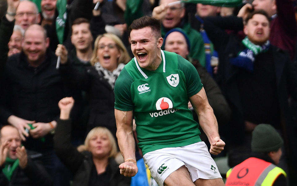 Jacob Stockdale of Ireland celebrates after scoring his side's first try against Scotland