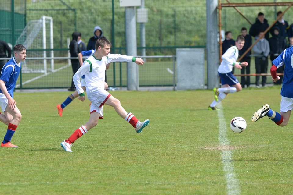 19/05/15. Aaron Rodgers during the Under 15s soccer final between Colaiste Phadraig CBS and Templeouge College at Peamount Utd.
Pic: Justin Farrelly.