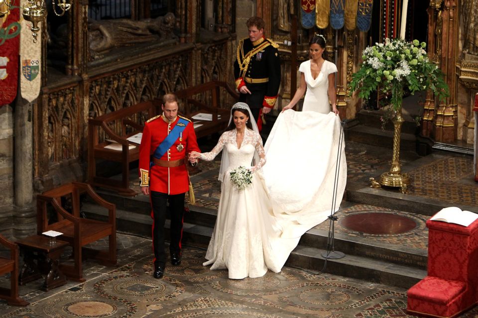 Dress rehearsal: Prince Harry and Pippa Middleton (right) follow William and Kate down the aisle during the last royal wedding shindig in 2011