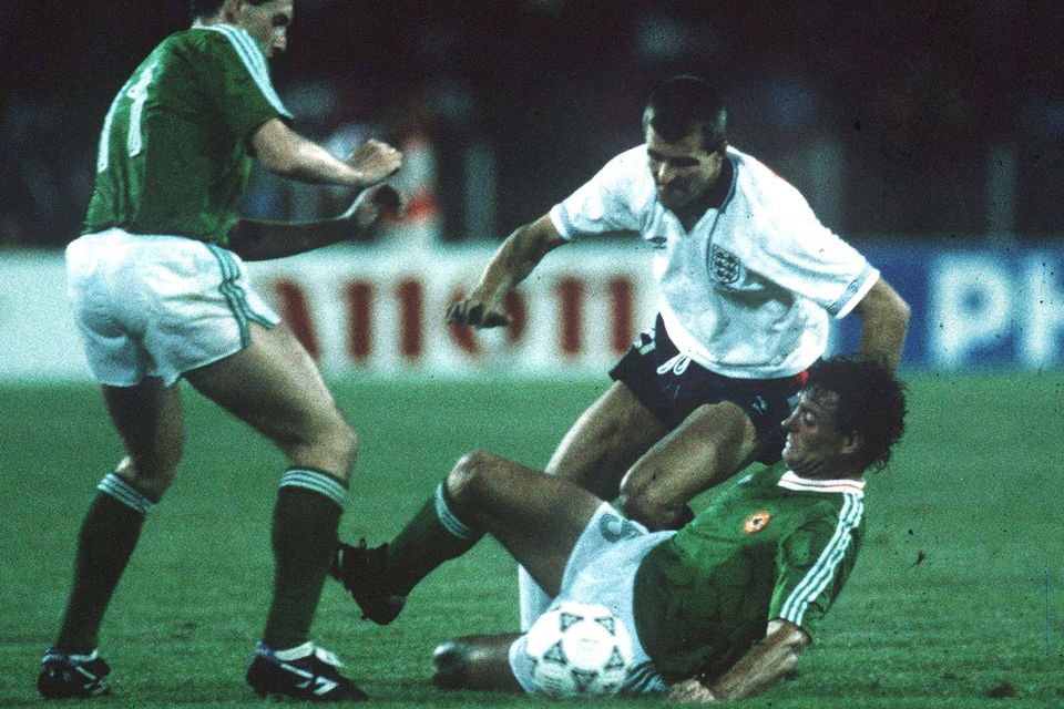 1990; (left) Kevin Sheedy and Kevin Moran, Republic of Ireland, in action against Steve Bull, England. Republic of Ireland v England, 1990 World Cup Finals, Italy. Soccer. Picture credit; Ray McManus/SPORTSFILE