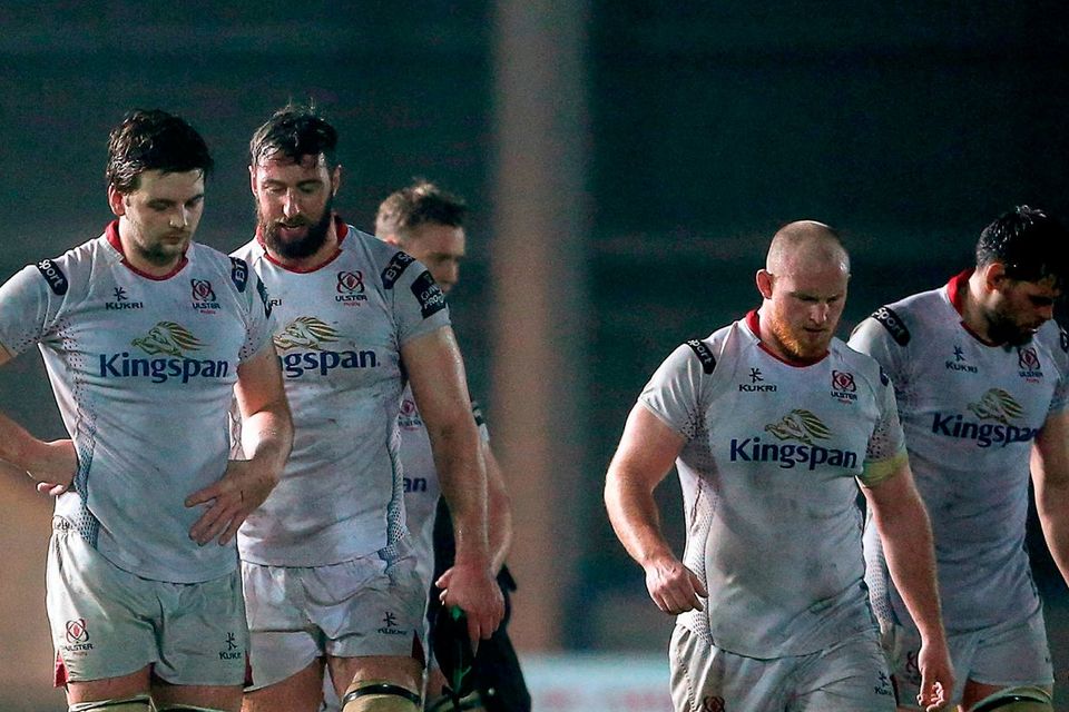 Ulster players react following their defeat in the Guinness PRO12 Round 13 match between Scarlets and Ulster at Parc Y Scarlets in Llanelli, Wales. Photo by Ben Evans/Sportsfile