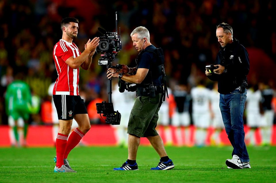 SOUTHAMPTON, ENGLAND - JULY 30:  Shane Long of Southampton is filmed by a stedicam operator after the final whistle during the UEFA Europa League Third Qualifying Round 1st Leg match between Southampton and Vitesse at St Mary's Stadium on July 30, 2015 in Southampton, England.  (Photo by Jordan Mansfield/Getty Images)