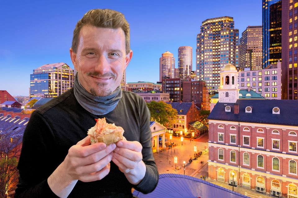 Downtown Boston (Getty) with Pól on his food tour (inset).