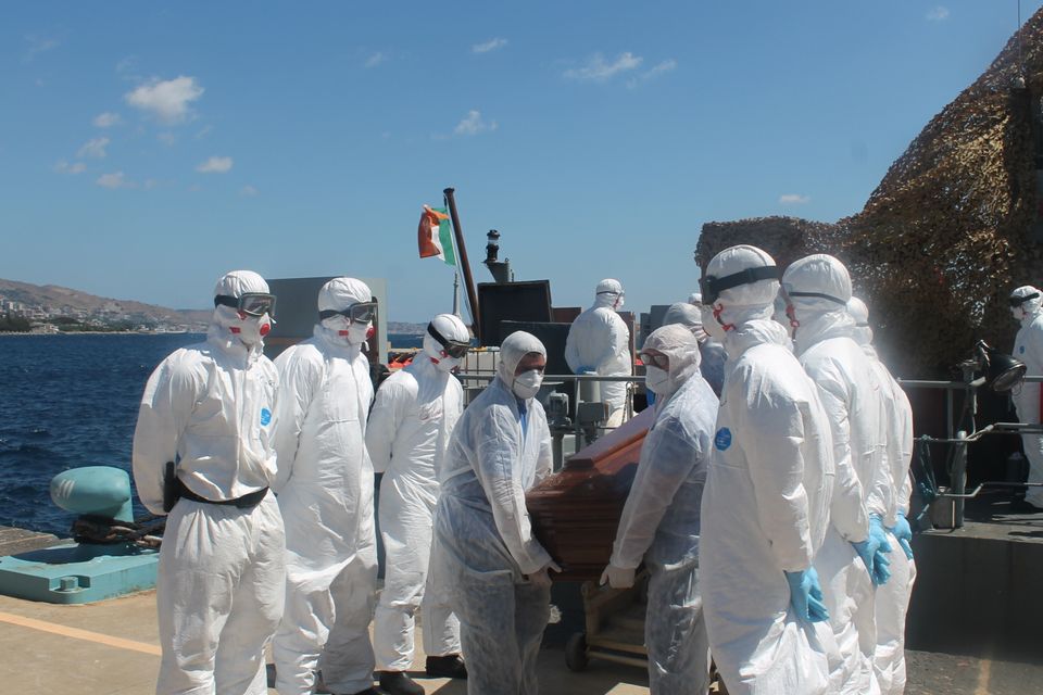There were the remains of 14 bodies removed from a wooden barge
Credit: Irish Defence Forces
