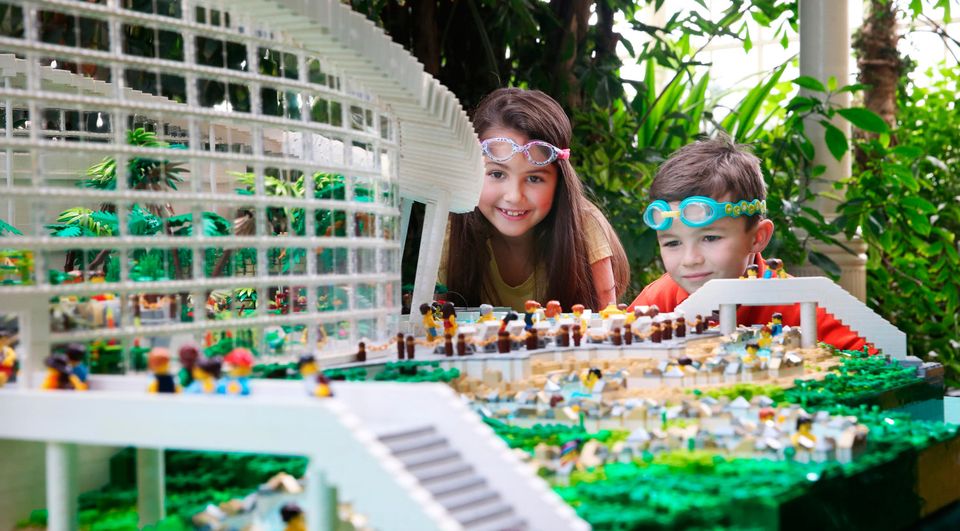 Aliya Keogh (8) and Ben Keogh (6) pictured alongside a 55,667 Lego brick model replica of Center Parcs' Subtropical Swimming Paradise. Bookings have opened for the Irish resort.