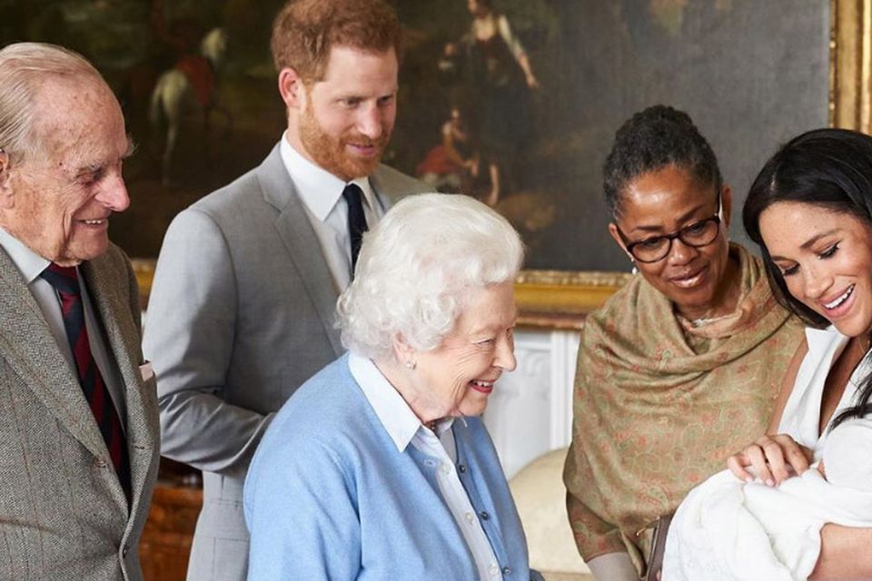 Prince Harry and Meghan Markle hold their baby son Archie Harrison Mountbatten-Windsor as Queen Elizabeth, Prince Philip and Doria Ragland look on. Picture: Chris Allerton/@sussexroyal