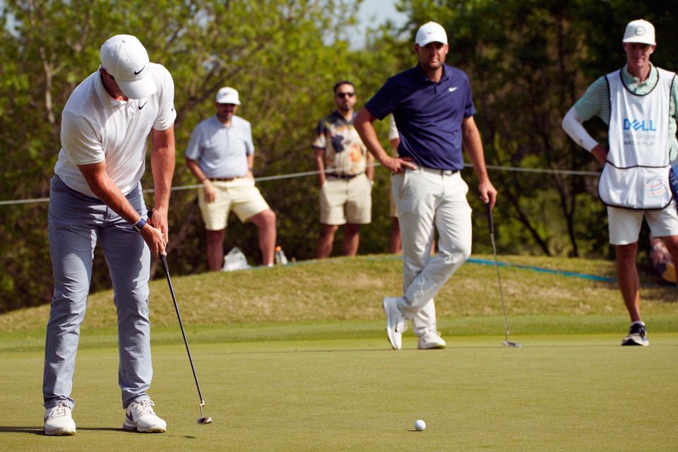 Rory McIlroy putts in the consolation final against Scottie Scheffler during the final day of the World Golf Championships-Dell Technologies Match Play tournament in Austin, Texas.