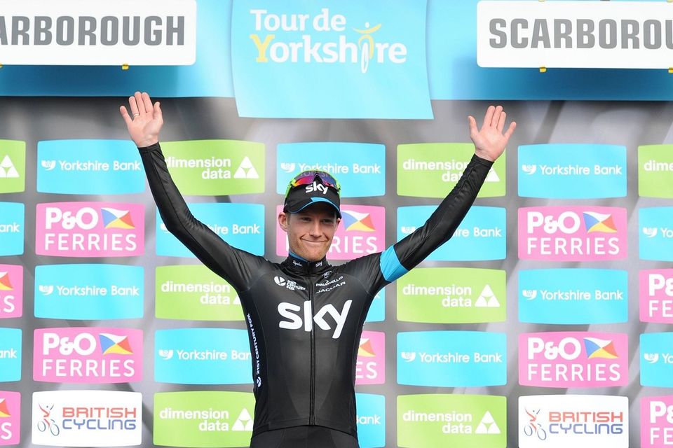Lars Petter Nordhaug celebrates after winning the first stage of the Tour de Yorkshire