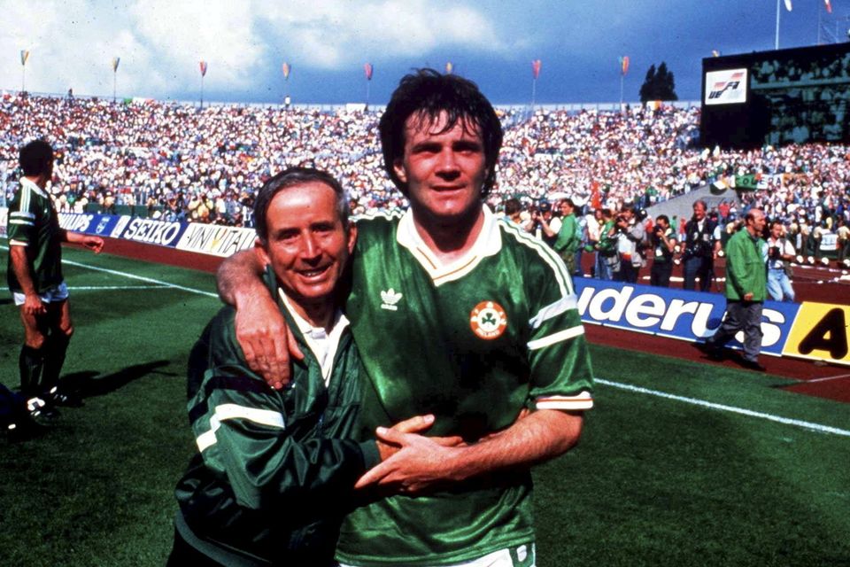 Ireland's Charlie O'Leary, left and Ray Houghton celebrate after defeating England at the 1988 European Championships in the Neckarstadion, Stuttgart. Photo: Ray McManus/Sportsfile