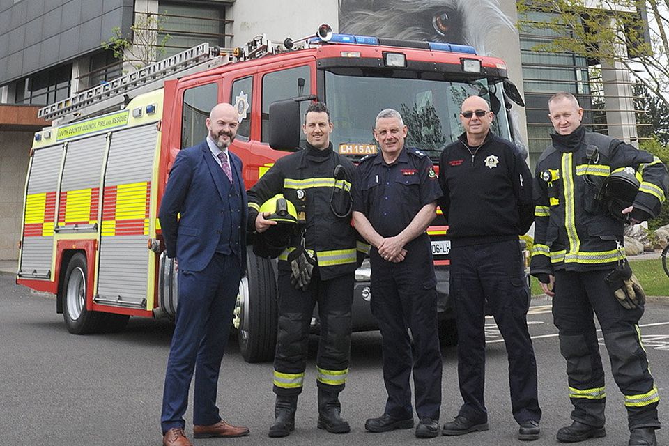 Cormac McCann, The Crowne Plaza with Benny McKeever, Darren Murphy, David Teather and Derek Flanagan, Louth Fire & Rescue Service at the the official launch of the Climb The Crowne Everest Charity Challenge which takes place on Saturday 17th June 2023. Photo: Aidan Dullaghan/Newspics