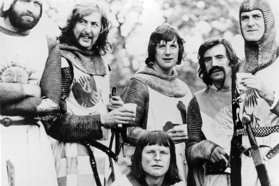 Graham Chapman, Eric Idle, Terry Gilliam, Michael Palin, Terry Jones, and John Cleese in 'Monty Python And The Holy Grail', 1975. Photo: EMI Films/Getty Images