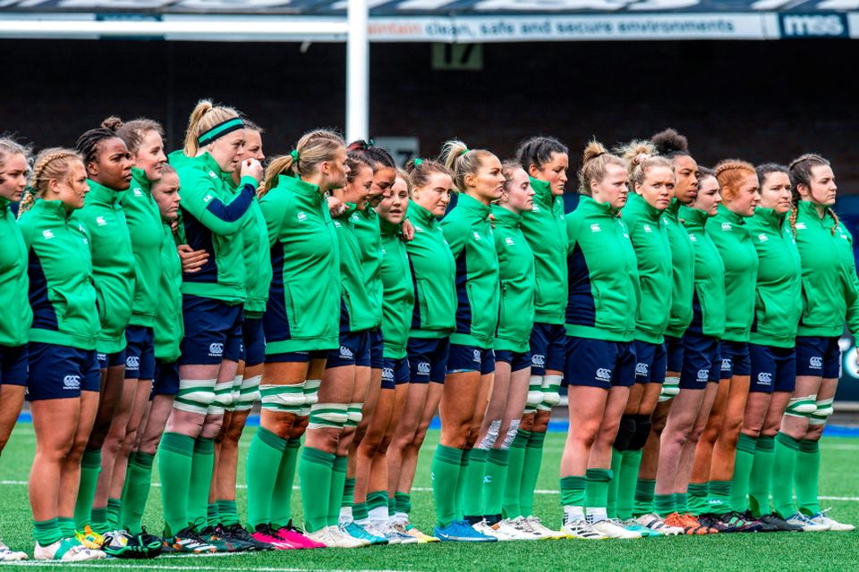 Ireland players stand for the National Anthem before the TikTok Women's Six Nations Rugby Championship match between Wales and Ireland