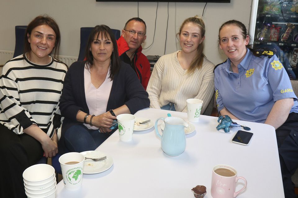l-r: Fiona O'Sullivan, Deloras O'Dowd, Stephen Sheehan, Cathy O'Connor and Sgt, Sylvia Ryan at the coffee morning in aid of the Hope Centre in Enniscorthy Garda Station.