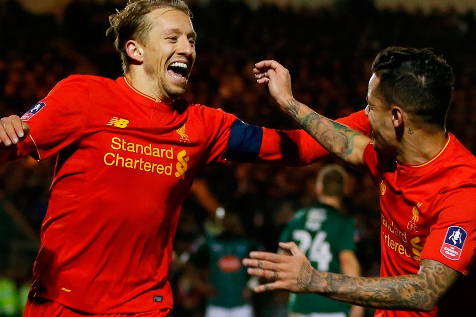 Liverpool's Lucas Leiva celebrates his goal against Plymouth in the FA Cup