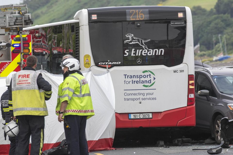 The scene of a fatal road traffic accident where a bus collided with a number of cars in Monkstown, Cork Harbour. Father of two Mark Wills (51) from Ballincollig, Co Cork and Fr Con Cronin (72) both died in the incident.