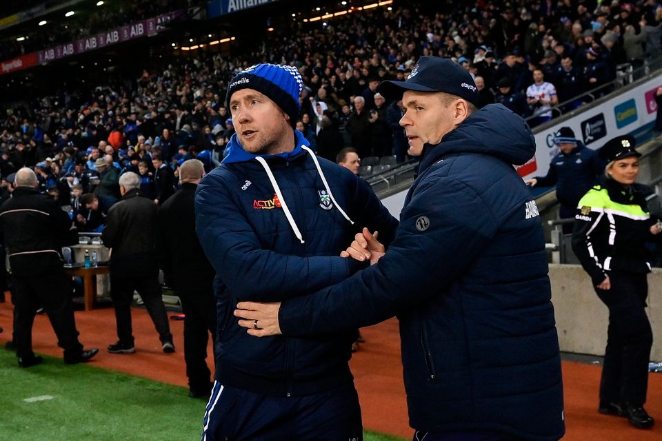 Monaghan manager Vinny Corey, left, and Dublin manager Dessie Farrell shake hands after the Allianz Football League Division 1 match at Croke Park in Dublin. Photo by Seb Daly/Sportsfile