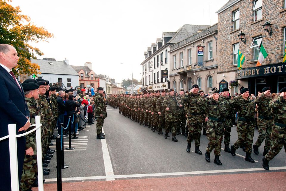 Minister of Defence Paul Kehoe TD inspects the troops of the 109th Infantry Batallion as they march past in The Diamond, Donegal Town, Co. Donegal, ahead of the troops deployment to Lebanon as part of UNIFIL.