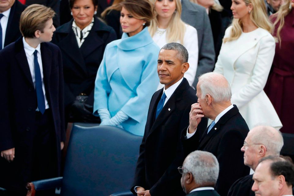 President Barack Obama and Vice-President Joe Biden stand with Donald Trump's family during inauguration ceremonies swearing in Donald Trump as the 45th president of the United States on the West front of the U.S. Capitol in Washington, U.S., January 20, 2017.  REUTERS/Lucy Nicholson