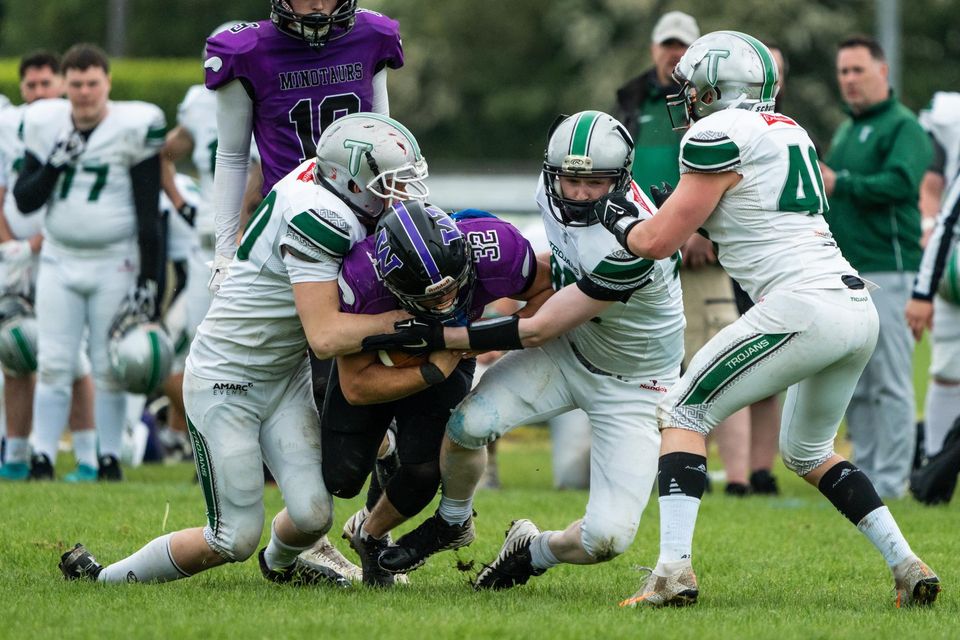 Action from the AFI Senior League Premier Division clash between the Westmeath Minotaurs and Belfast Trojans. Photo: Conor Brennan
