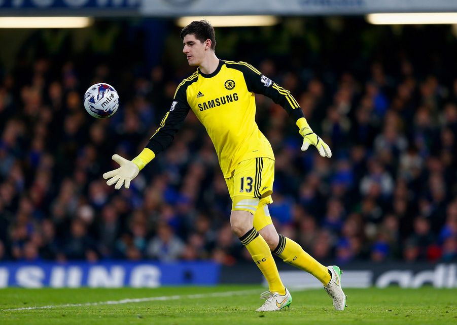 LONDON, ENGLAND - JANUARY 27: Thibaut Courtois of Chelsea in action during the Capital One Cup Semi-Final second leg between Chelsea and Liverpool at Stamford Bridge on January 27, 2015 in London, England.  (Photo by Julian Finney/Getty Images)