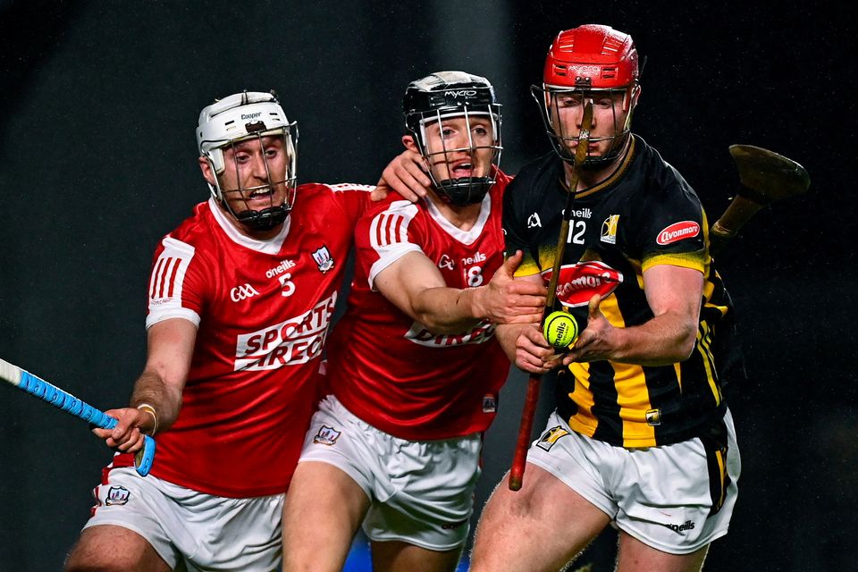 Adrian Mullen of Kilkenny in action against Ger Millerick (centre) and Tim O’Mahony of Cork during the Allianz Hurling League Division 1 Group A match at SuperValu Páirc Ui Chaoimh in Cork. Photo: Eóin Noonan/Sportsfile