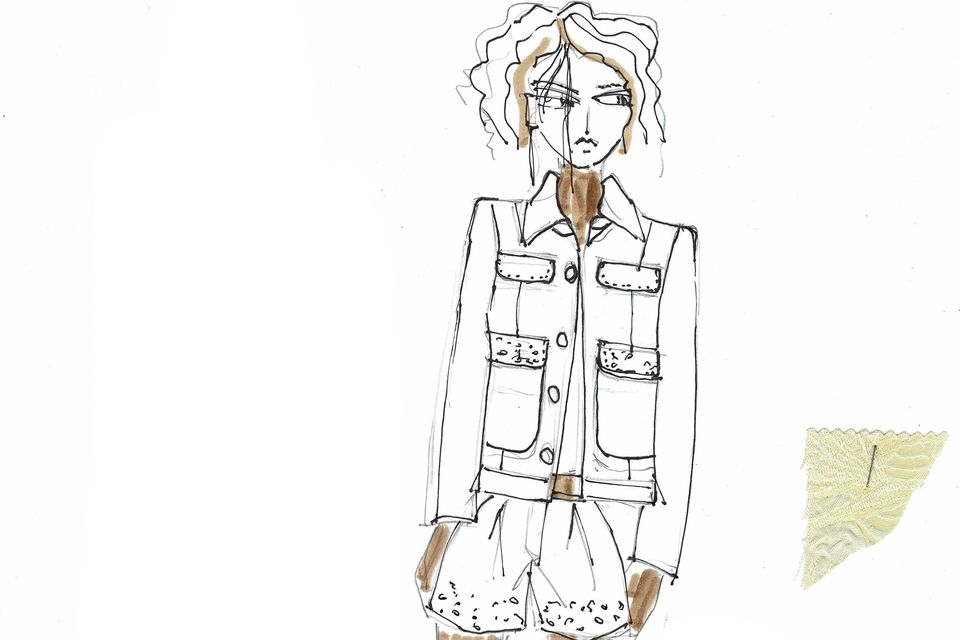 An exclusive sketch hand-drawn by Paul Costelloe of his Spring/Summer 25 Collection. Sketch: Courtesy of Paul Costelloe