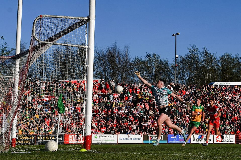 Derry goalkeeper Odhrán Lynch is caught out at Celtic Park as the Oak Leafers surrendered their Ulster SFC crown. Photo: Stephen McCarthy/Sportsfile