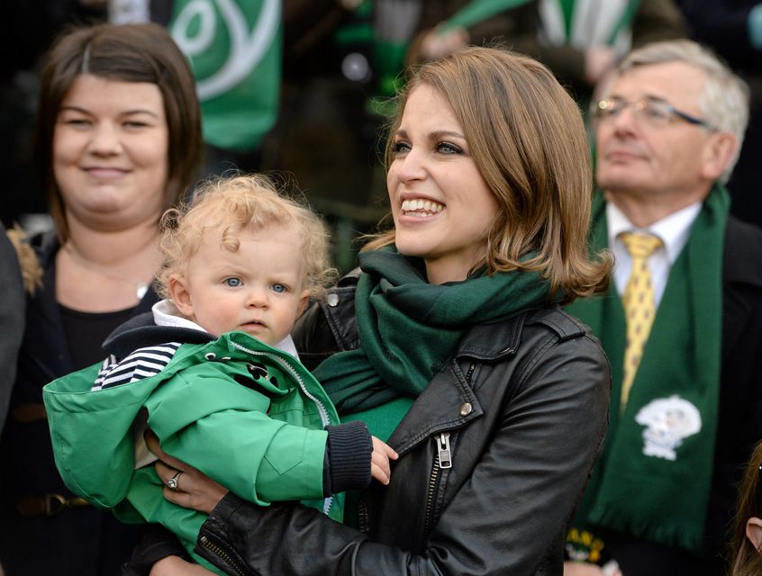 Brian O'Driscoll's wife Amy Huberman, with daughter Sadie, look on after the game. RBS Six Nations Rugby Championship, Ireland v Italy, Aviva Stadium, Lansdowne Road, Dublin. Picture credit: Stephen McCarthy / SPORTSFILE
