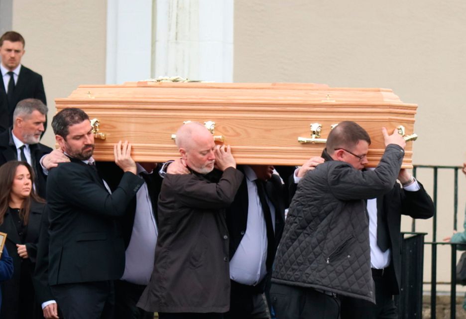 The coffin is carried from the funeral of Marie Keane, mother of former footballer Roy Keane, at the Church of the Resurrection in Farranree, Cork. Picture date: Tuesday March 31, 2026. Photo credit: Brendan Gleeson/PA Wire