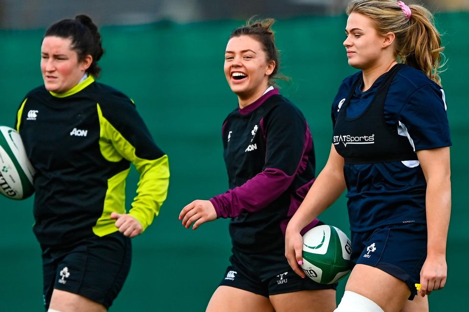 Ireland players, from right, Dorothy Wall, Maeve Óg O’Leary, and Hannah O’Connor during a Ireland Women's Rugby squad training session at IRFU High Performance Centre at the Sport Ireland Campus in Dublin. Photo by Ramsey Cardy/Sportsfile