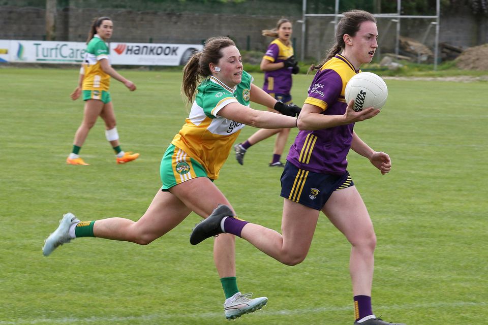 Ciara Banville of Wexford racing away from Marie Byrne (Offaly). Photo: John Walsh