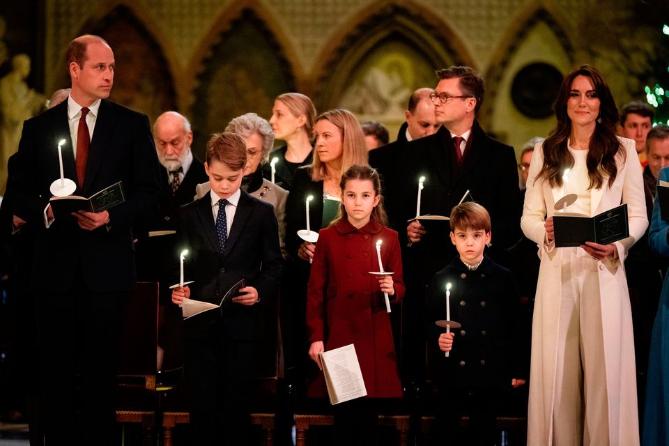 Prince of Wales, Prince George, Princess Charlotte, Prince Louis, and the Princess of Wales during the Royal Carols Together at Christmas service at Westminster Abbey in London. The Prince and Princess of Wales celebrate their 13th wedding anniversary on Monday. Aaron Chown/PA Wire