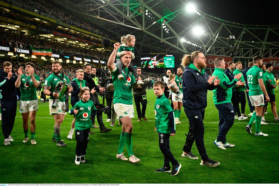 Ireland's Jonathan Sexton and his three children celebrate the Grand Slam at Aviva Stadium. Photo: Harry Murphy/Sportsfile