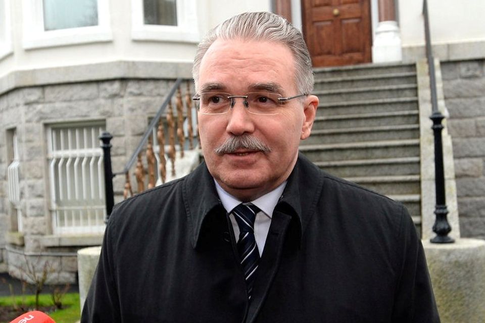 Ambassador Yury Filatov speaks to the media at the Russian Embassy on Orwell Road, Dublin. Photo: Justin Farrelly