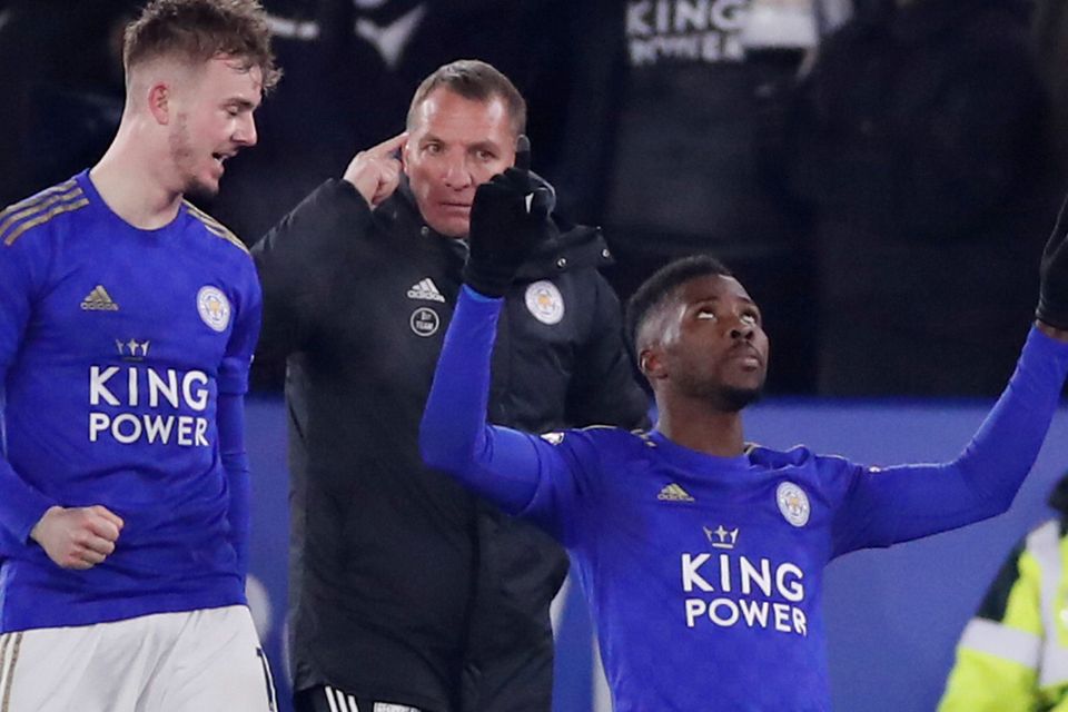 Leicester City’s Kelechi Iheanacho celebrates scoring the late winner against Everton with James Maddison but manager Brendan Rodgers refused to get carried away. Photo: Reuters