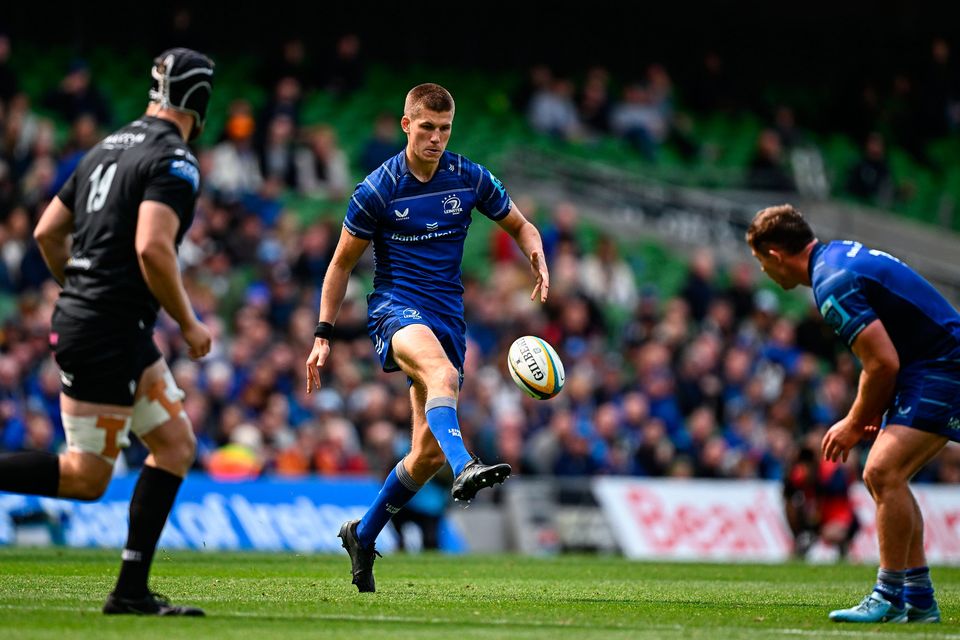 Leinster's Sam Prendergast during the URC semi-final against Glasgow Warriors at the Aviva Stadium. Photo: Seb Daly/Sportsfile