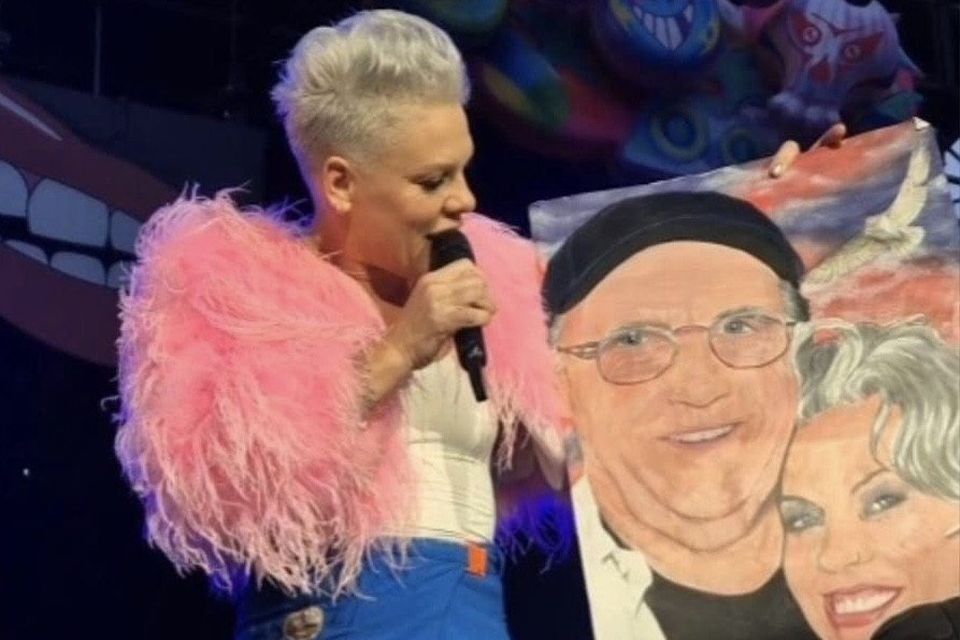 Pink shows the crowd Sean Davis' portrait of her and her father on stage at her concert in Dublin. Photo: Sharon Davis