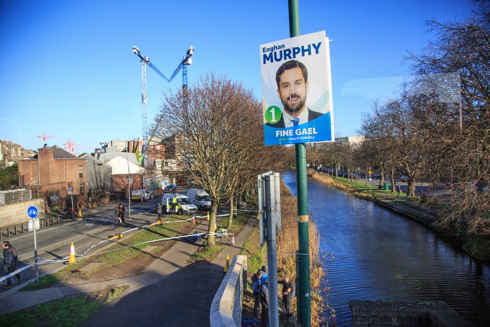 Eoghan Murphy’s election campaign poster close to the scene of the incident, which has now
been taken down. Photo: Mark Condren
