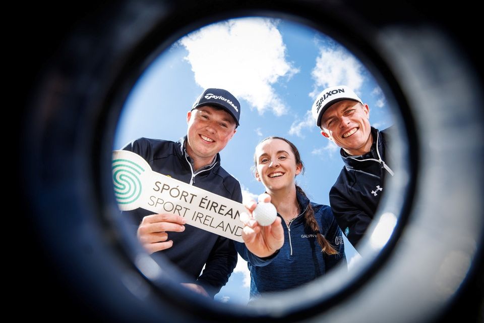 Mark Power, Lauren Walsh and Conor Purcell at the Golf Ireland Academy for the launch of the 2024 Golf Ireland Professional Scheme. Photo: James Crombie/INPHO