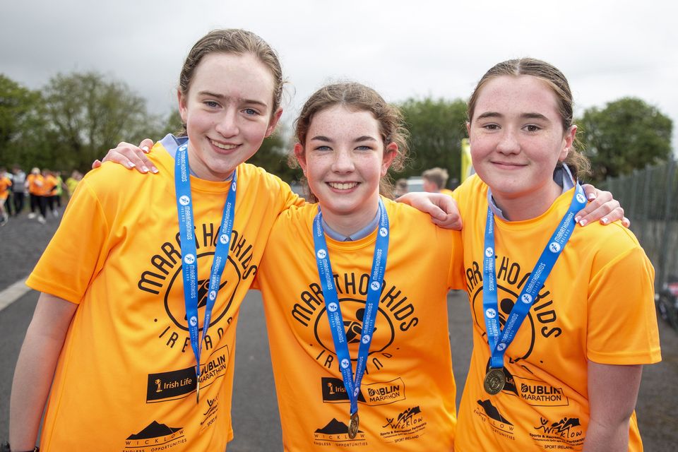 Jessica O'Connor, Ayla Lowe and Lily Lawless from St. Laurence O'Toole's NS, Roundwood at the Marathon Kids Run in Ballymore Eustace GAA. Photo: Michael Kelly
