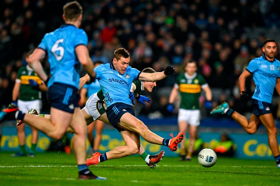 Dublin's Con O'Callaghan scores his third goal despite the efforts of Kerry's Jason Foley during their Allianz FL Division 1 meeting at Croke Park. Photo: Brendan Moran/Sportsfile