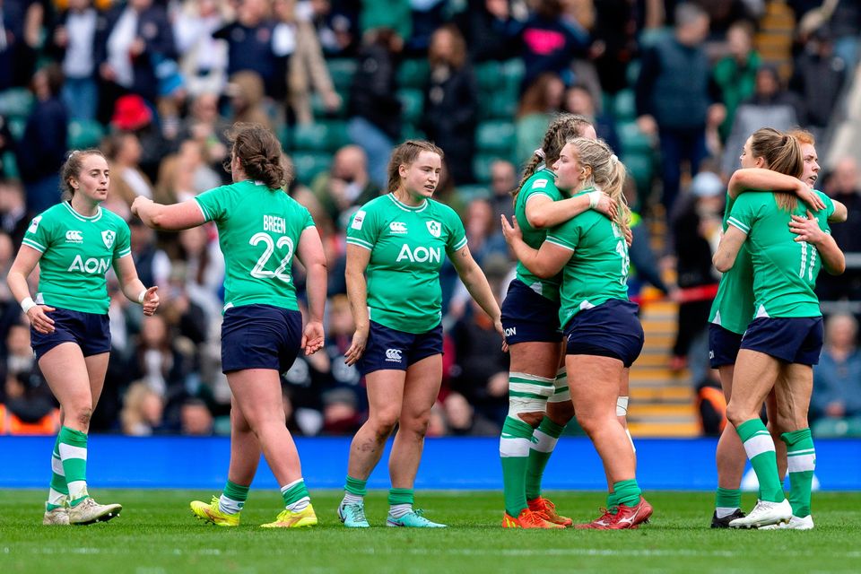 Ireland players after defeat in the Women's Six Nations match against England at Twickenham. Photo: Juan Gasparini/Sportsfile