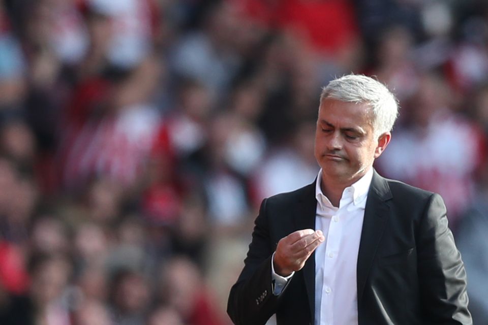 Manchester United manager Jose Mourinho reacts after being sent to the stands against Southampton