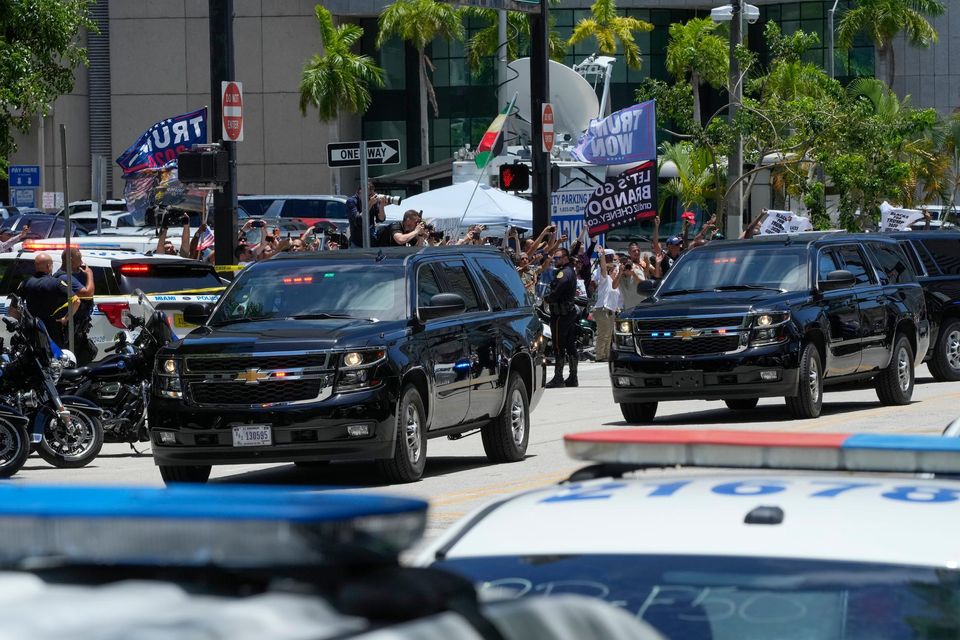 The motorcade carrying former president Donald Trump arrives at court (Marta Lavandier/AP)
